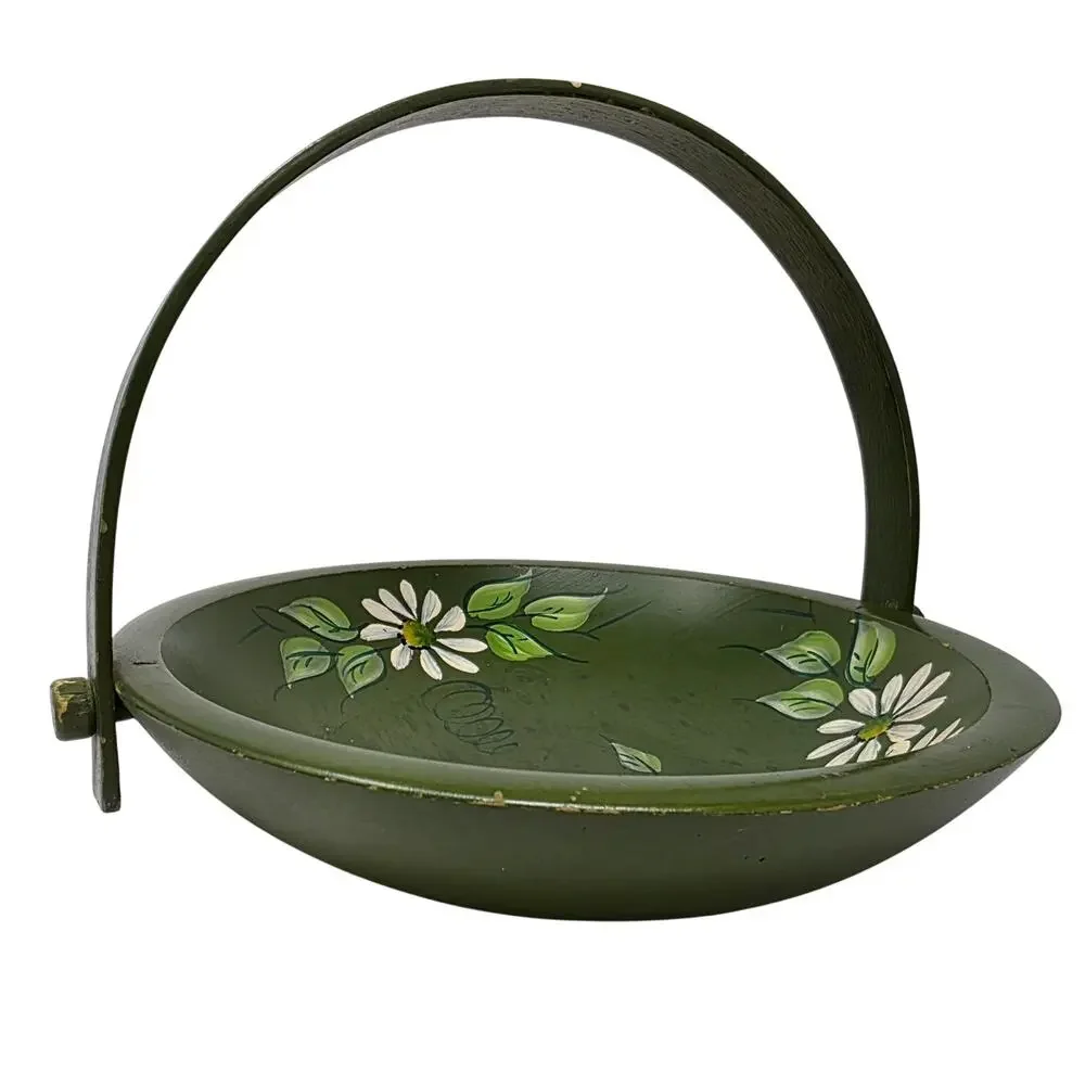 Vintage Hand Painted Wood Basket Green Daisy Folk Art Swing Handle